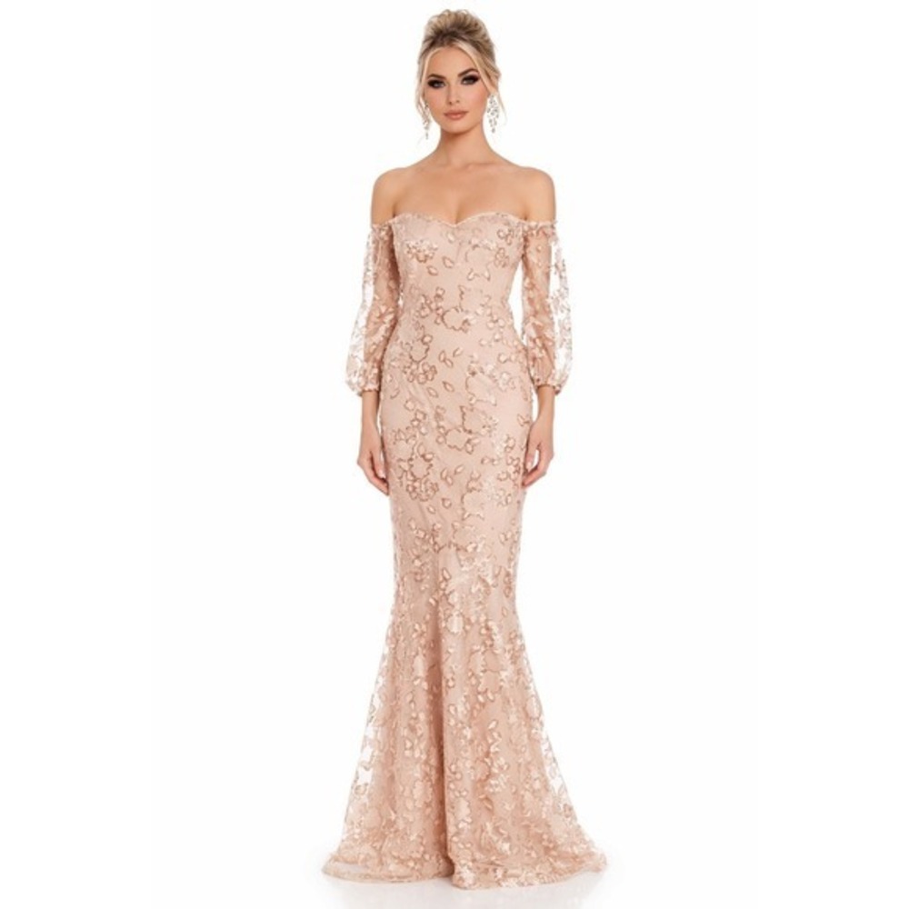 Teri Jon Rose Gold Floral‎ Embroidered Sequined Off Shoulder Gown Formal Size 10